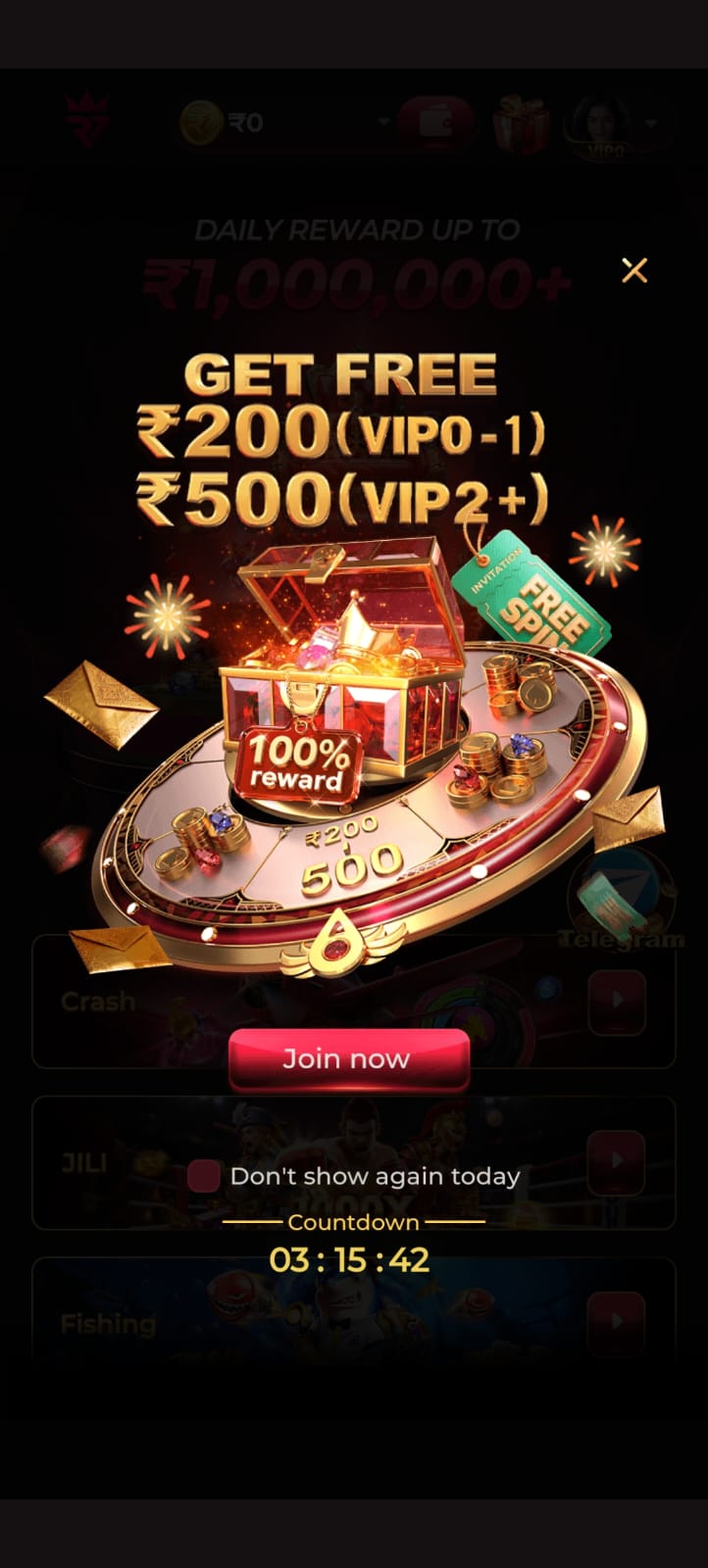Raja7 Game welcome bonus popup offering ₹200 free for VIP0-1 and ₹500 free for VIP2+ users with daily rewards and free spins.