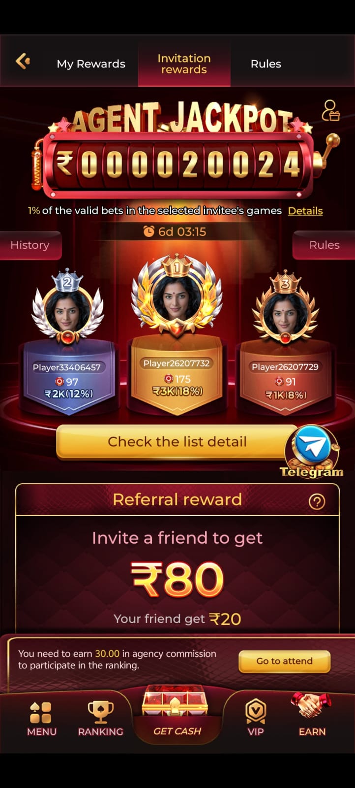 Raja7 Game invitation rewards page showing referral bonus, agent jackpot leaderboard, and earn commission program.