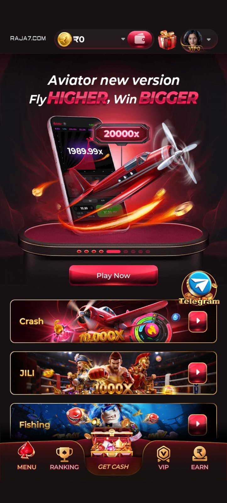 Raja7 Game home screen featuring Aviator, Crash, JILI, Fishing games, VIP rewards, and earn money options.